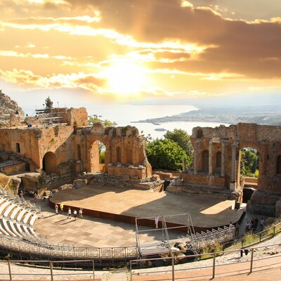 Teatro greco Taormina, putovanje u Italiju, Sicilija, putovanje zrakoplovom
